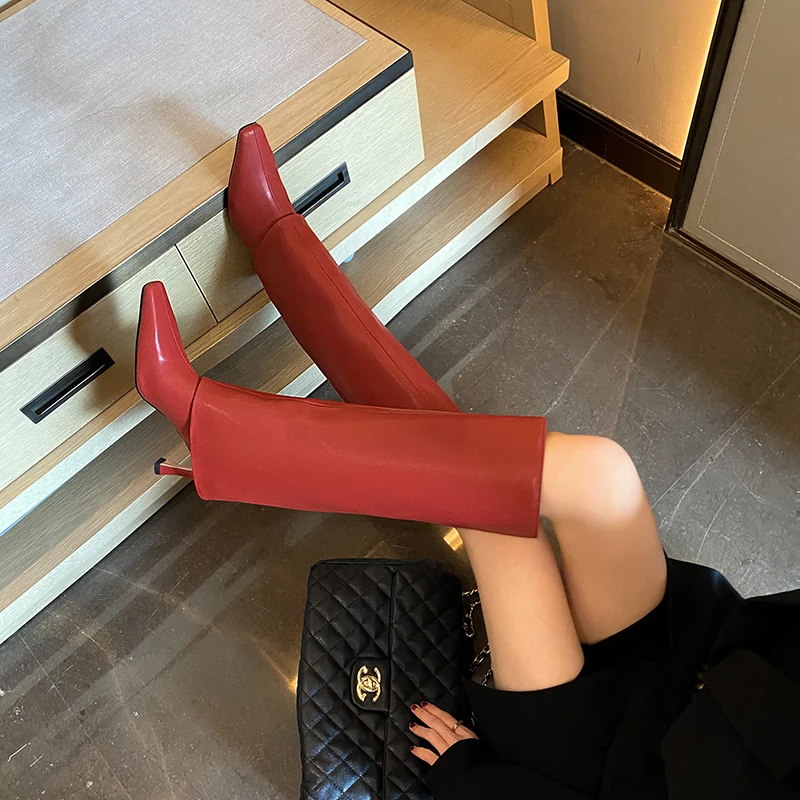 欧洲站2023时尚尖头气质细高跟红色真皮女士冬季高筒库管靴*8052