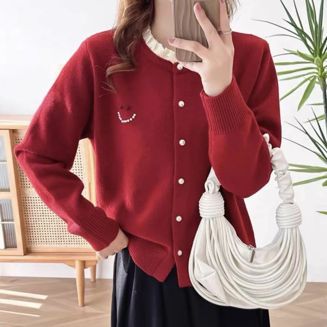 笑脸钉珠！拼接花边领！秋冬定制款时尚长袖针织毛衣开衫外套3611