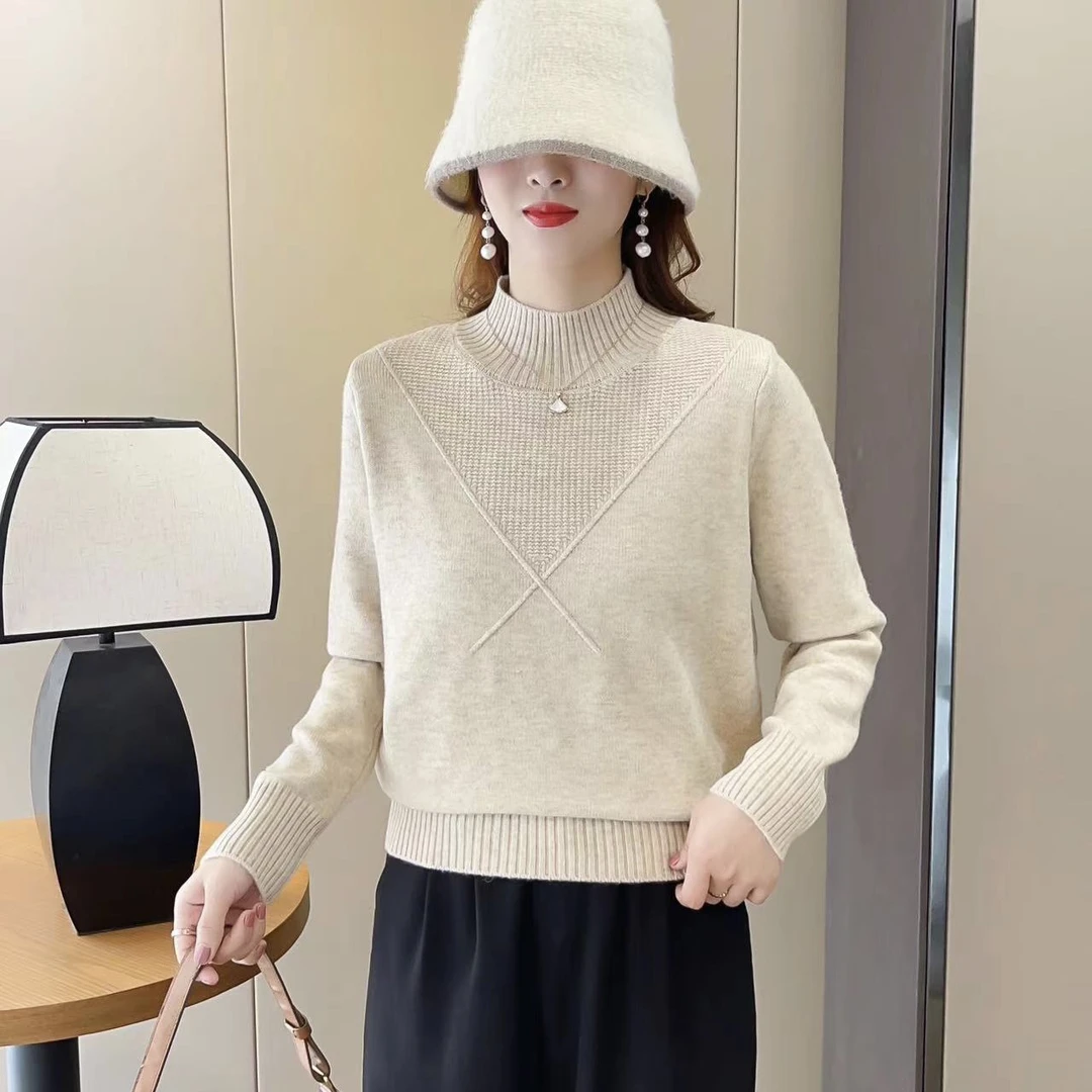 【c魅甄选】半高领纯色毛衣女洋气简约加厚针织打底衫4654