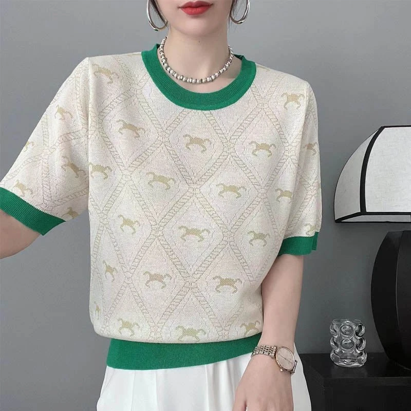 羊毛混纺！洋气圆领金丝小马提花短袖针织衫女时尚宽松套头T恤上衣