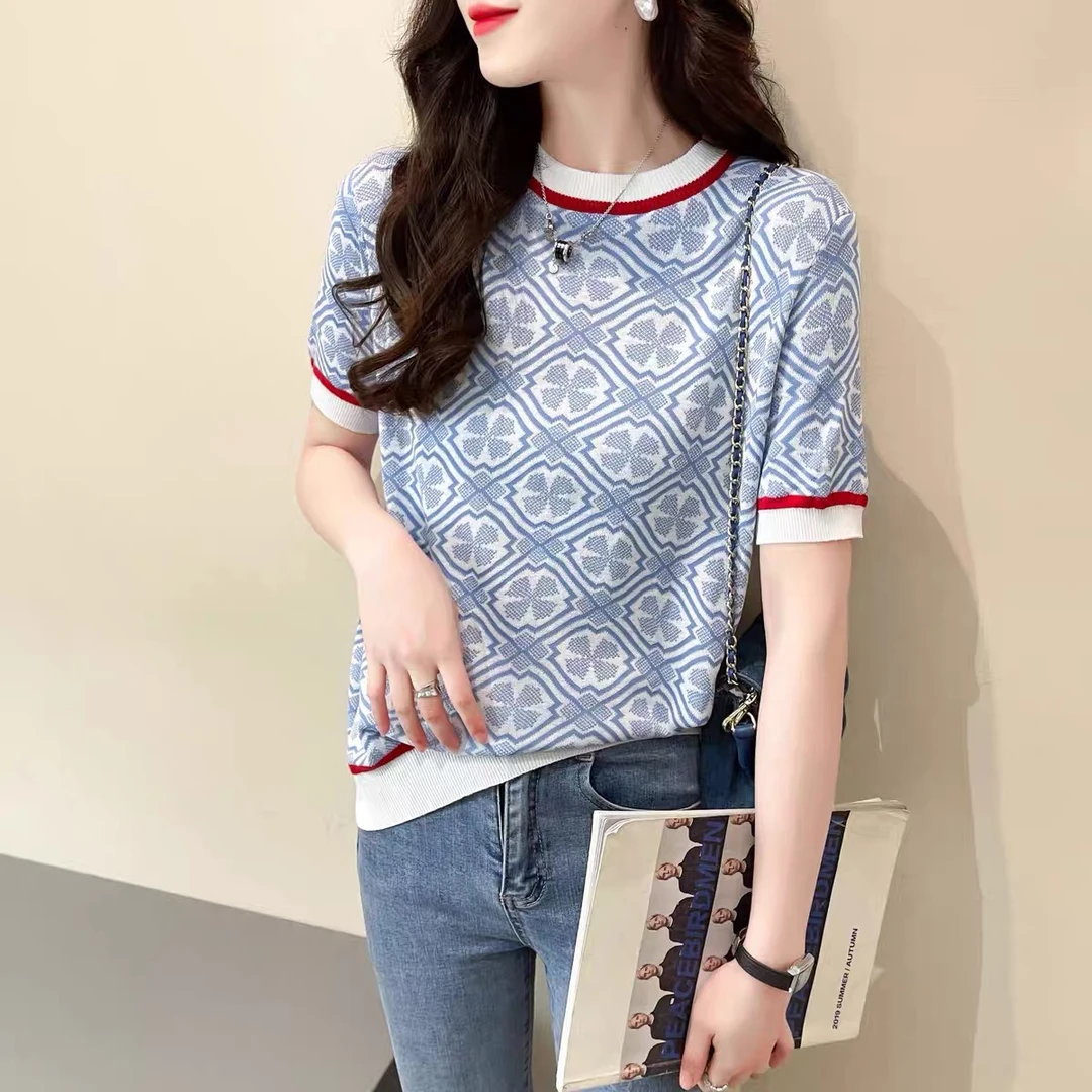 夏季时尚薄款气质休闲青花瓷圆领提花宽松短袖针织衫女民族风t恤