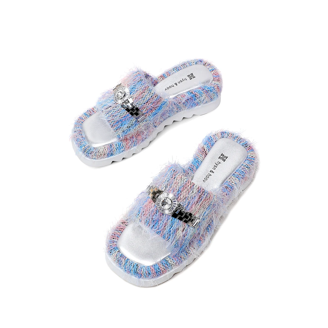 意大利马海毛时尚方头厚底凉拖鞋度假风沙滩一字凉拖鞋防滑轻便底