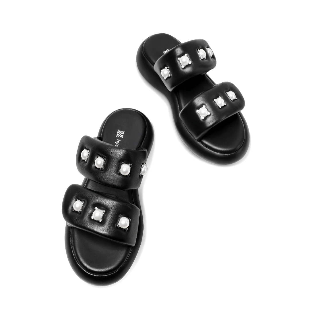 小香风厚底魔术贴珍珠扣一字拖鞋夏季新款休闲超软羊皮凉拖鞋