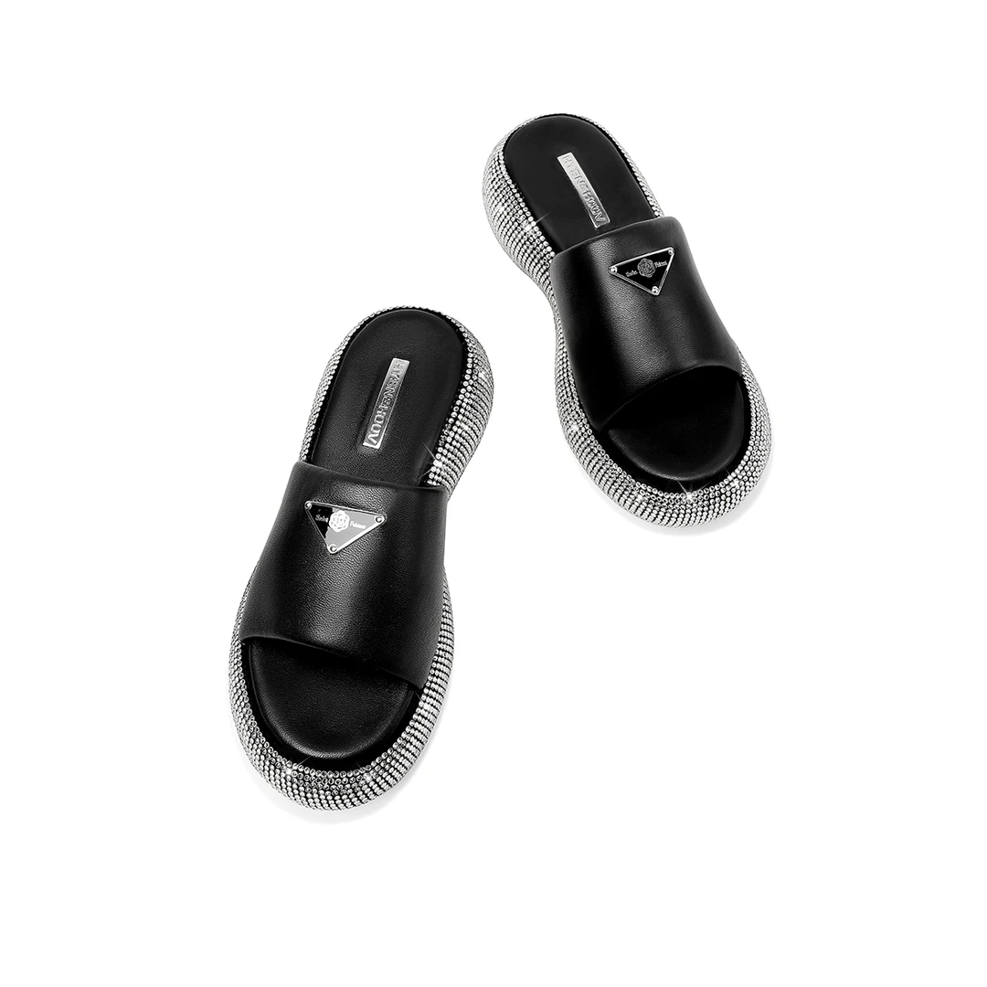 原创小众黑色拖鞋女夏季外穿厚底三角标一字拖鞋小羊皮水钻凉拖鞋