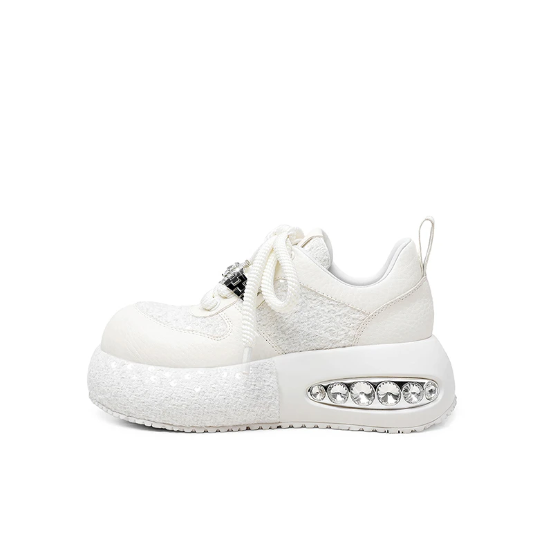 “云朵”白色钻链乐福鞋粗花呢亮片真皮厚底圆头休闲鞋增高板鞋