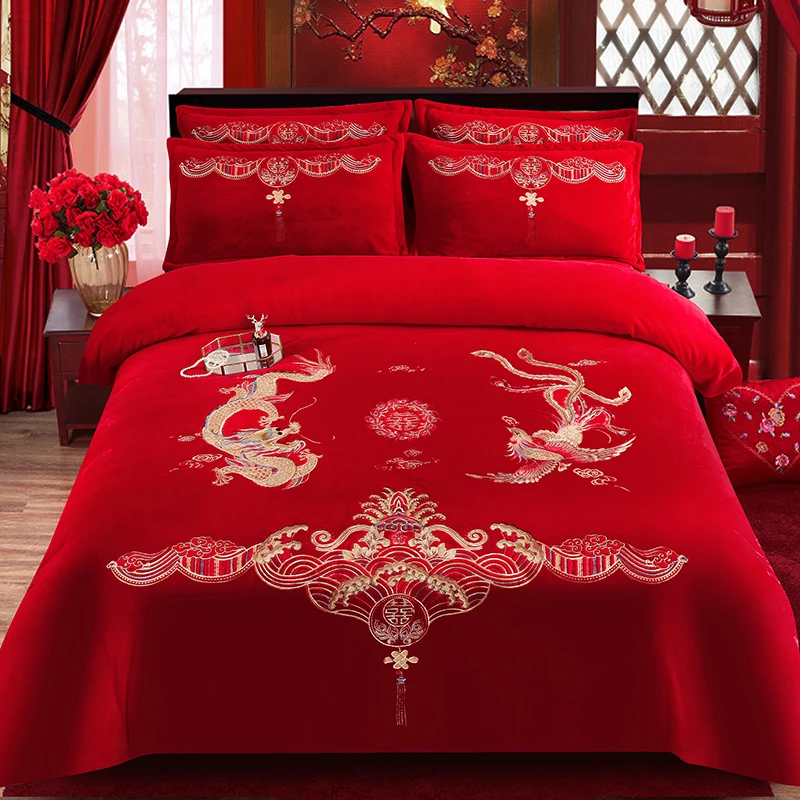 牛奶绒四件套婚庆保暖双面法兰绒水晶绒刺绣花结婚喜庆大红色加厚
