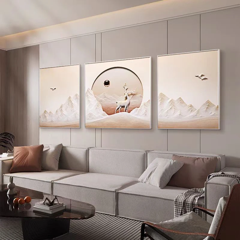 RELIFE/福雕家饰3D立体浮雕（一鹿晨光）带灯遥控高端沙发背景三联