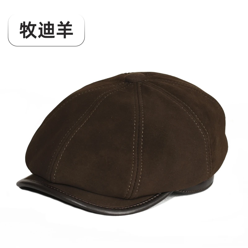 羊皮八角帽男士秋冬复古绅士画家帽有腔调英伦贝雷帽欧美鸭舌帽