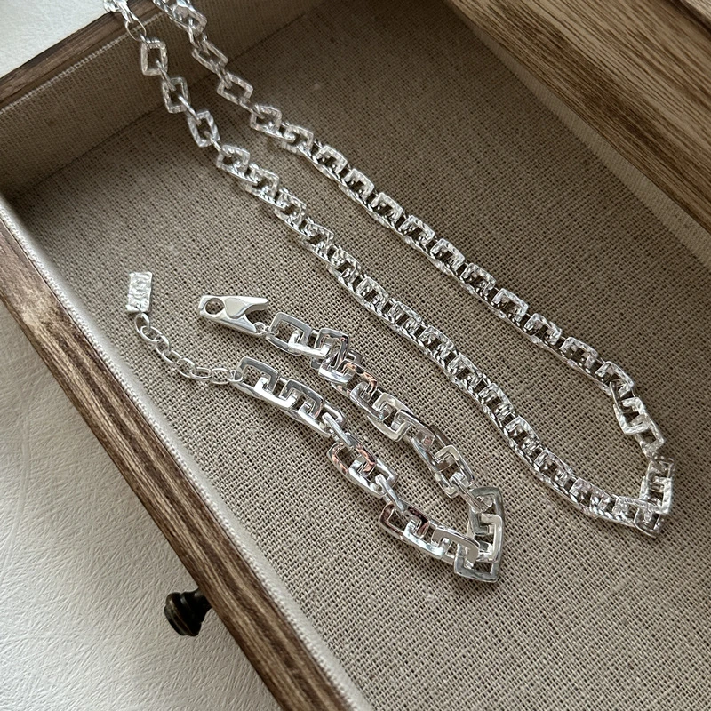 坠链均925银 S925纯银链扣设计百搭小众肌理感项链手链博主款套装