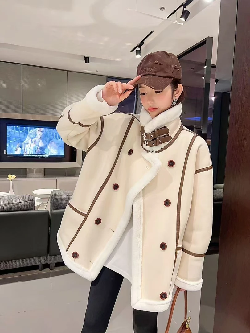 （大码女装）—998冬季加厚保暖夹克机车服短款翻领女宽松时尚外套