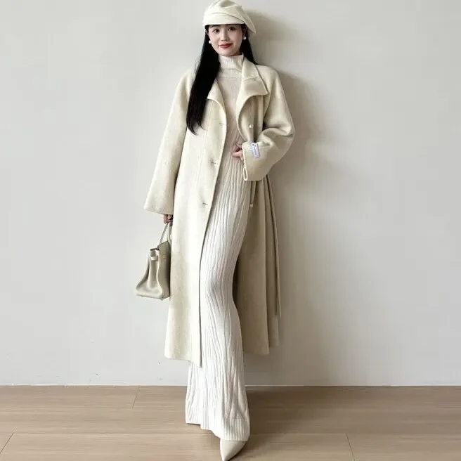 AL3065立领长款廓形大衣优雅简约设计外套开衫大衣针织韩版气质