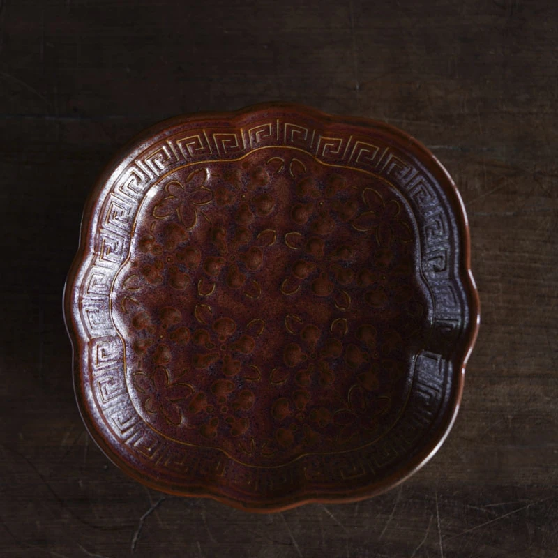 【老王】茶道茶具高足小果盘小号红金釉（Q1381）