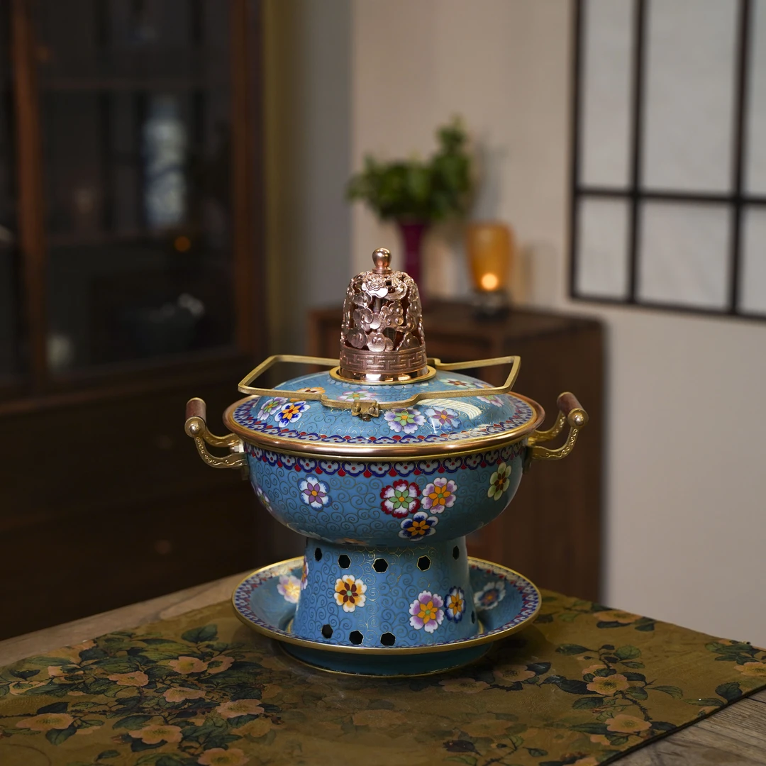 【铜景】故宫款-映地绿皮球花-双人-景泰蓝铜火锅（铜景0063）