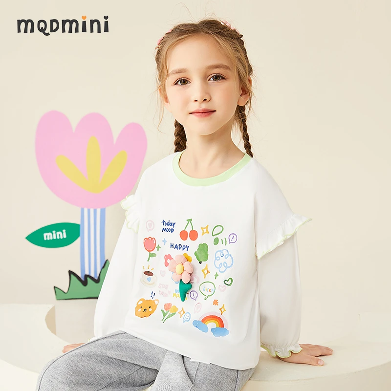 MQDMINI【立体充绒花朵】秋款上新女童长袖撞色t恤圆领落肩袖上衣