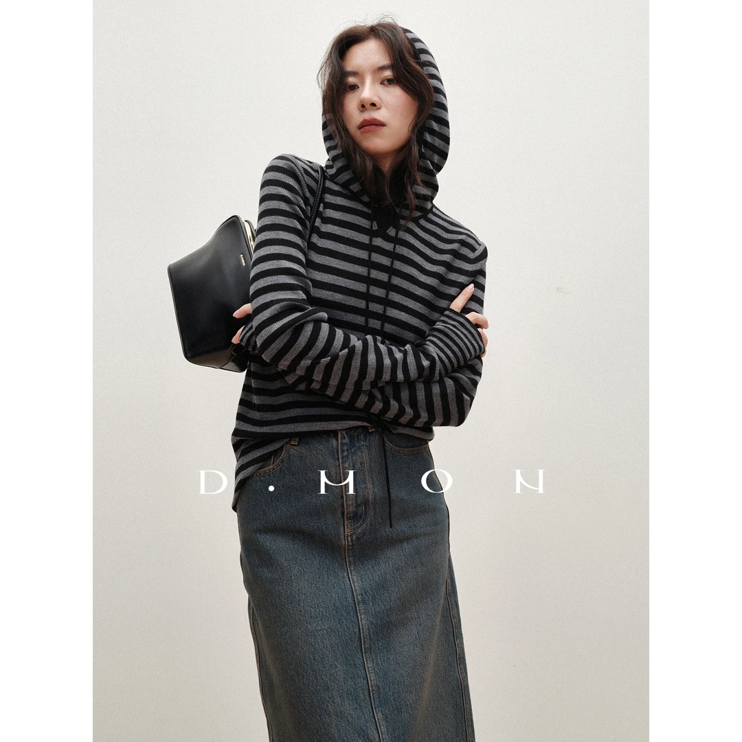 DMON｜经典航海条纹元素 100%羊毛慵懒随性连帽宽松针织上衣