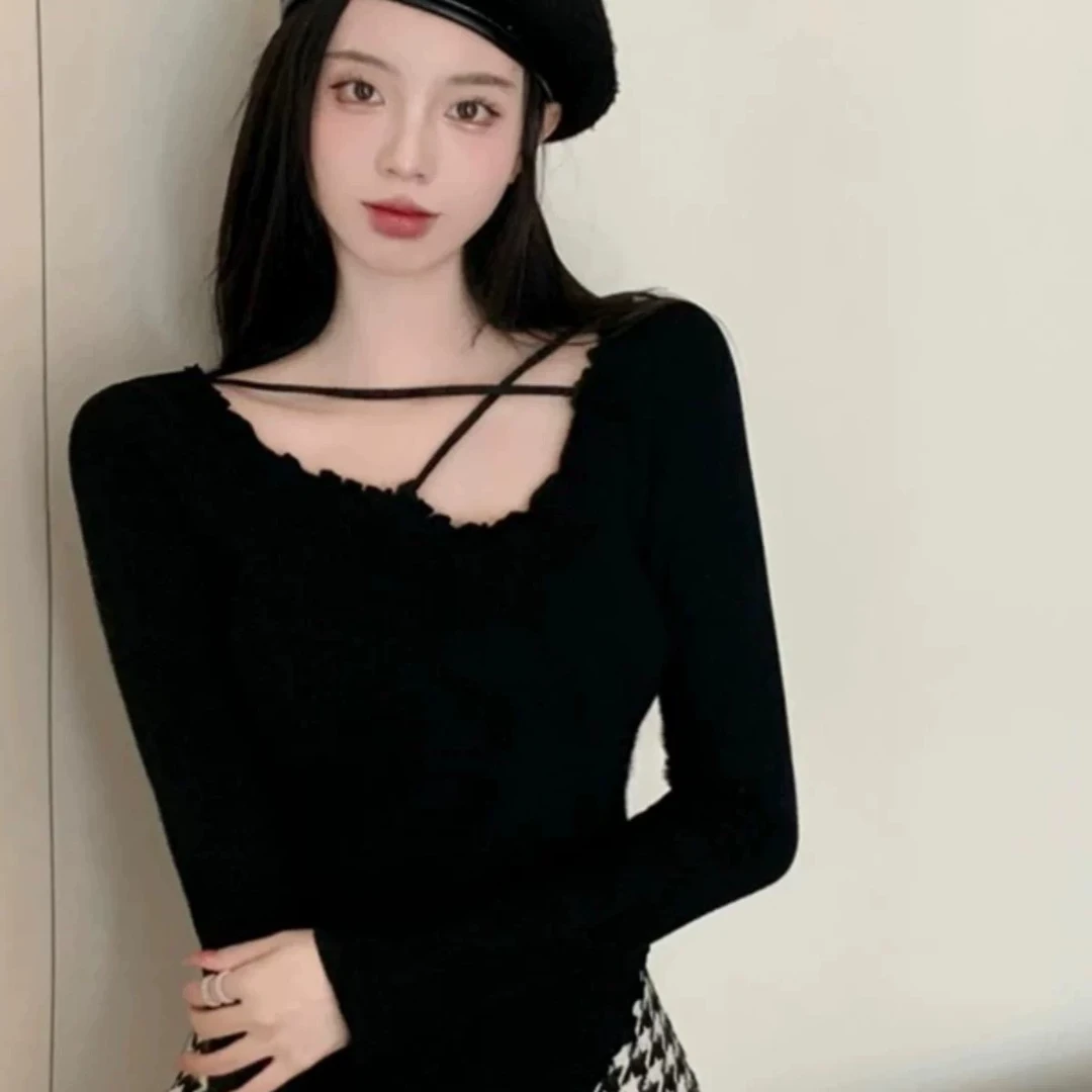 纯欲风不规则打底衫内搭春秋新款修身v领长袖t恤百搭微胖小衫806