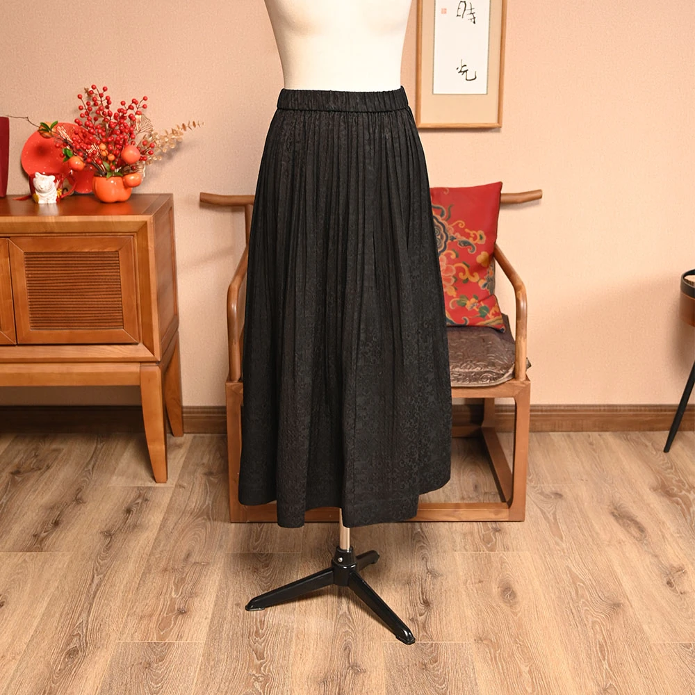 28姆米珍珠缎半身裙23103中式长款香云纱百褶裙 百搭复古中长款