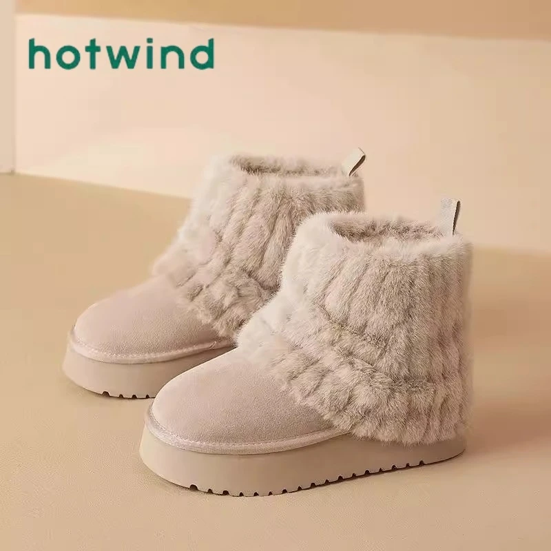 Hotwind/热风毛毛雪地靴女冬季2024新款加绒短靴裤管厚底东北棉鞋