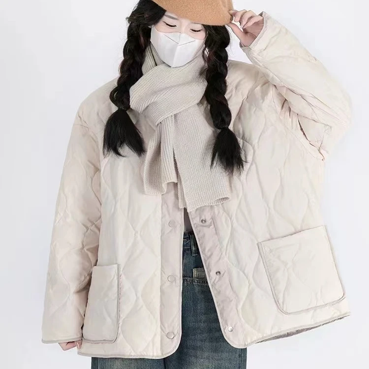 轻薄菱形格羽绒服女冬季2024新款高级感宽松小个子圆领外套8888