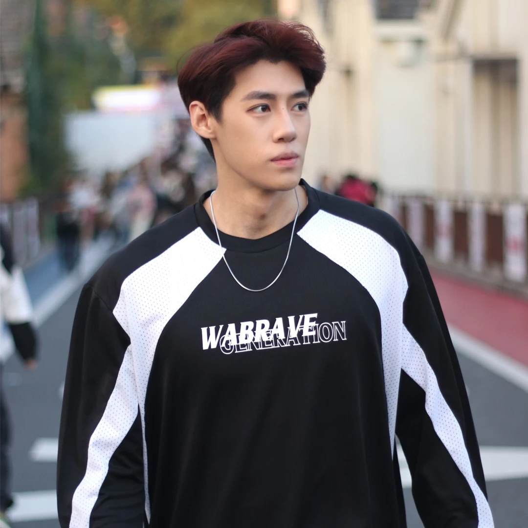 吾辈复古拼接运动休闲速干拼色长袖T恤健身出街训练美式宽松男女