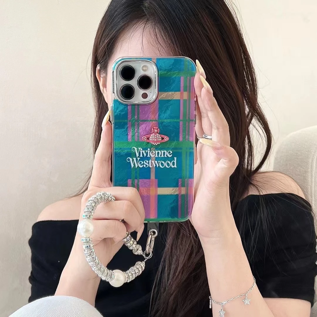 【适用苹果/华为】iPhone15大孔绿粉格纹立体钻星球手链女新手机壳