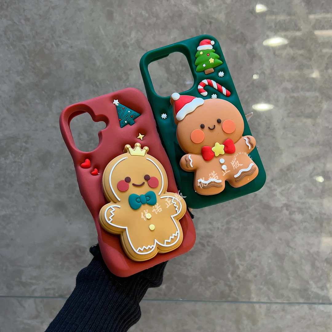 【适用苹果】iPhone16/15pm防摔大孔硅胶圣诞姜饼人支架女新手机壳
