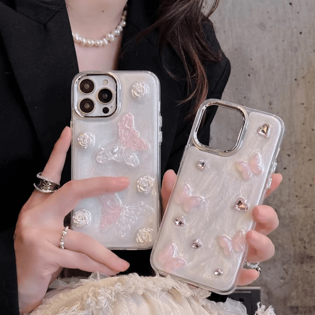 【适用苹果】iPhone15/14Promax防摔滴胶镭射立体蝴蝶女新款手机壳