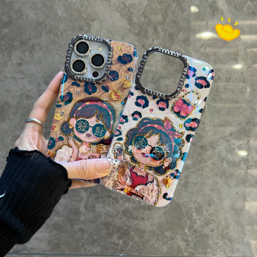 【适用苹果/三星】iPhone16防摔大孔豹纹發財富婆女孩手链女手机壳