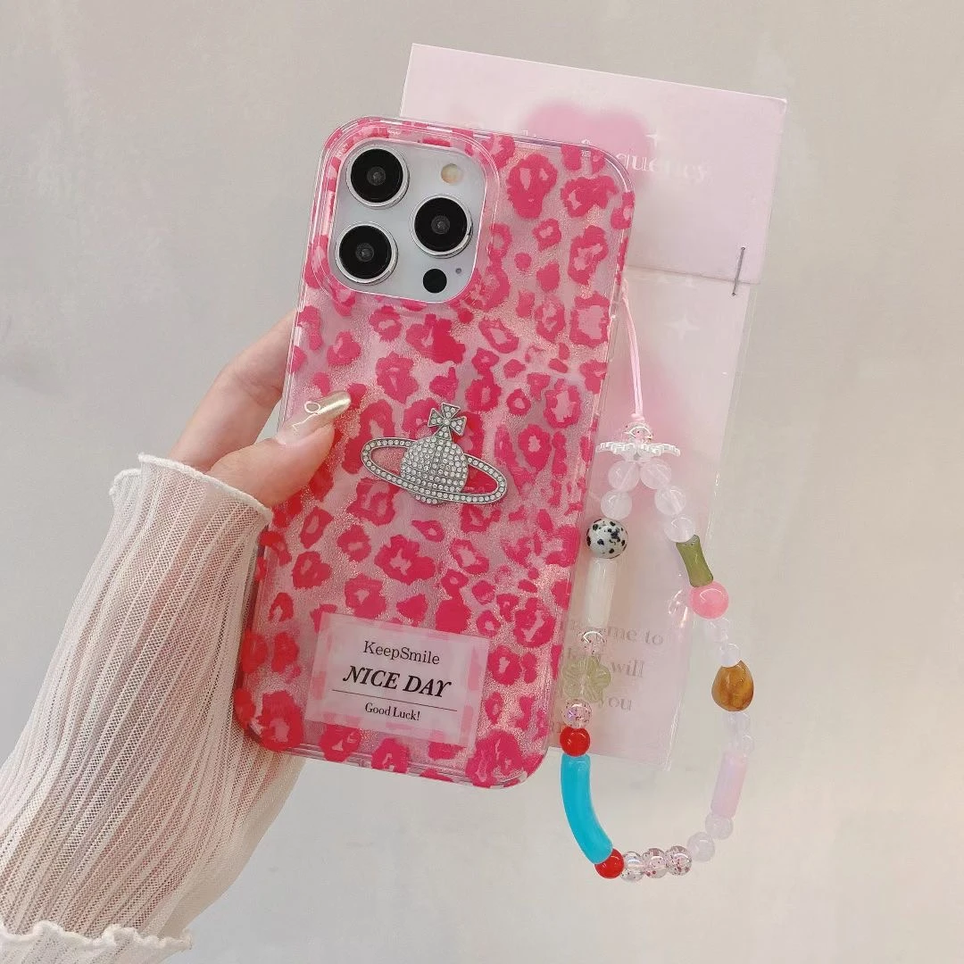 【苹果】iPhone15/14Promax韩风ins豹纹立体星球防摔女手链款手机壳