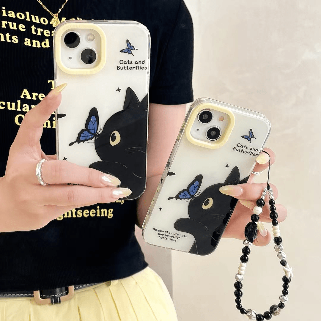 【适用苹果】iPhone15/14Promax防摔卡通ins蝴蝶黑猫女手链新手机壳