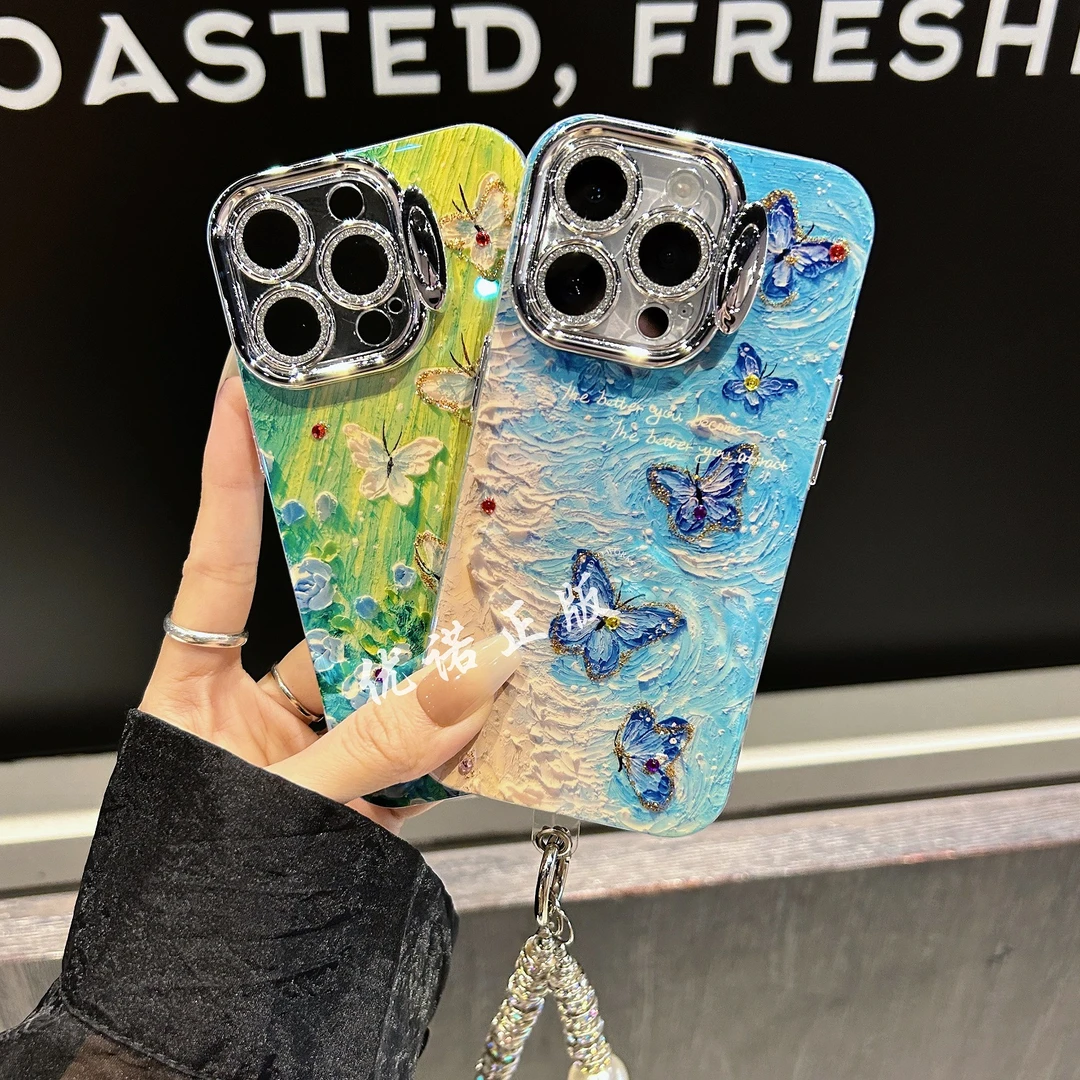 【适用苹果】iPhone15/14Promax海浪花朵蝴蝶防摔带支架全包手机壳