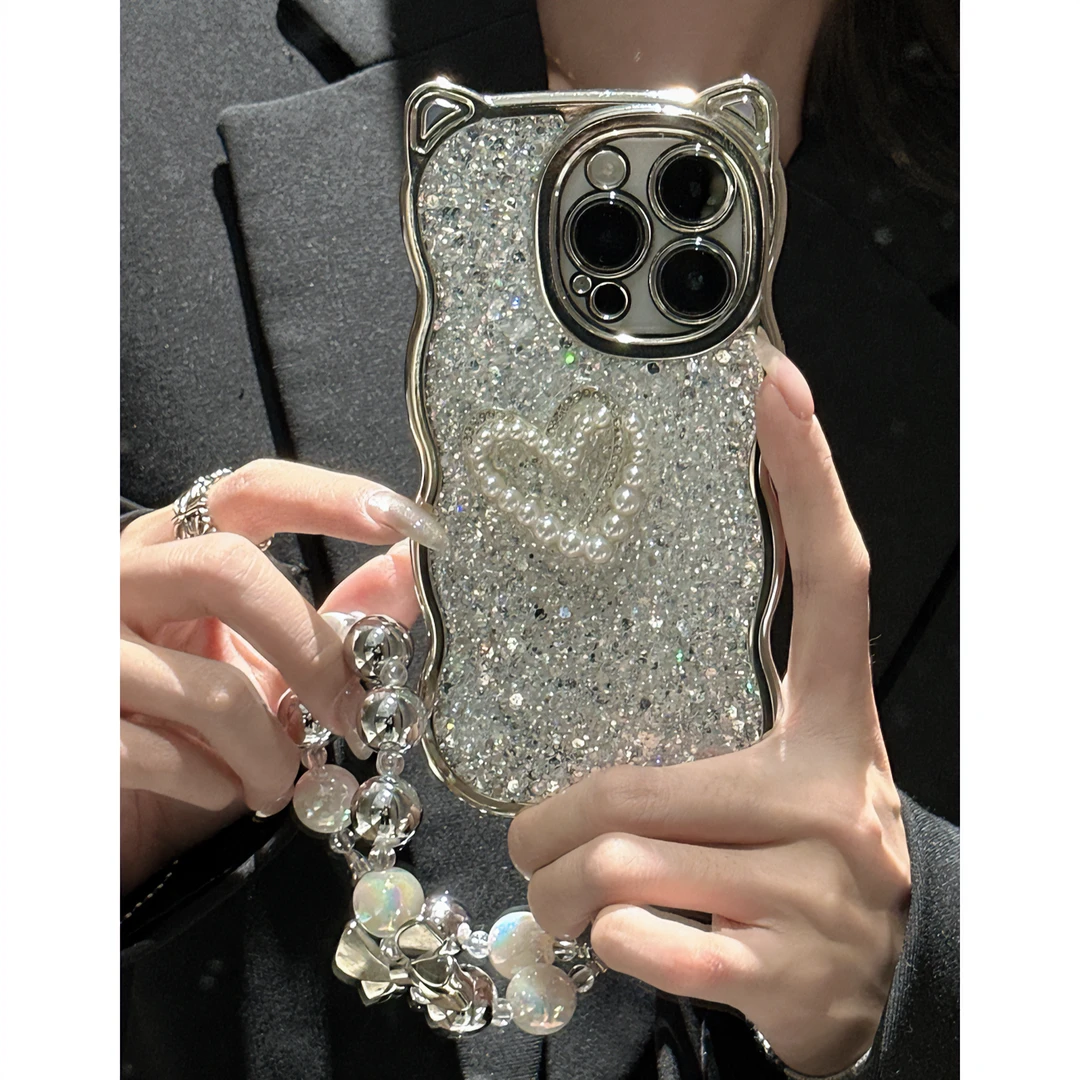 【适用苹果】iPhone15/14pm防摔ins猫耳朵滴胶亮片立体爱心新手机壳
