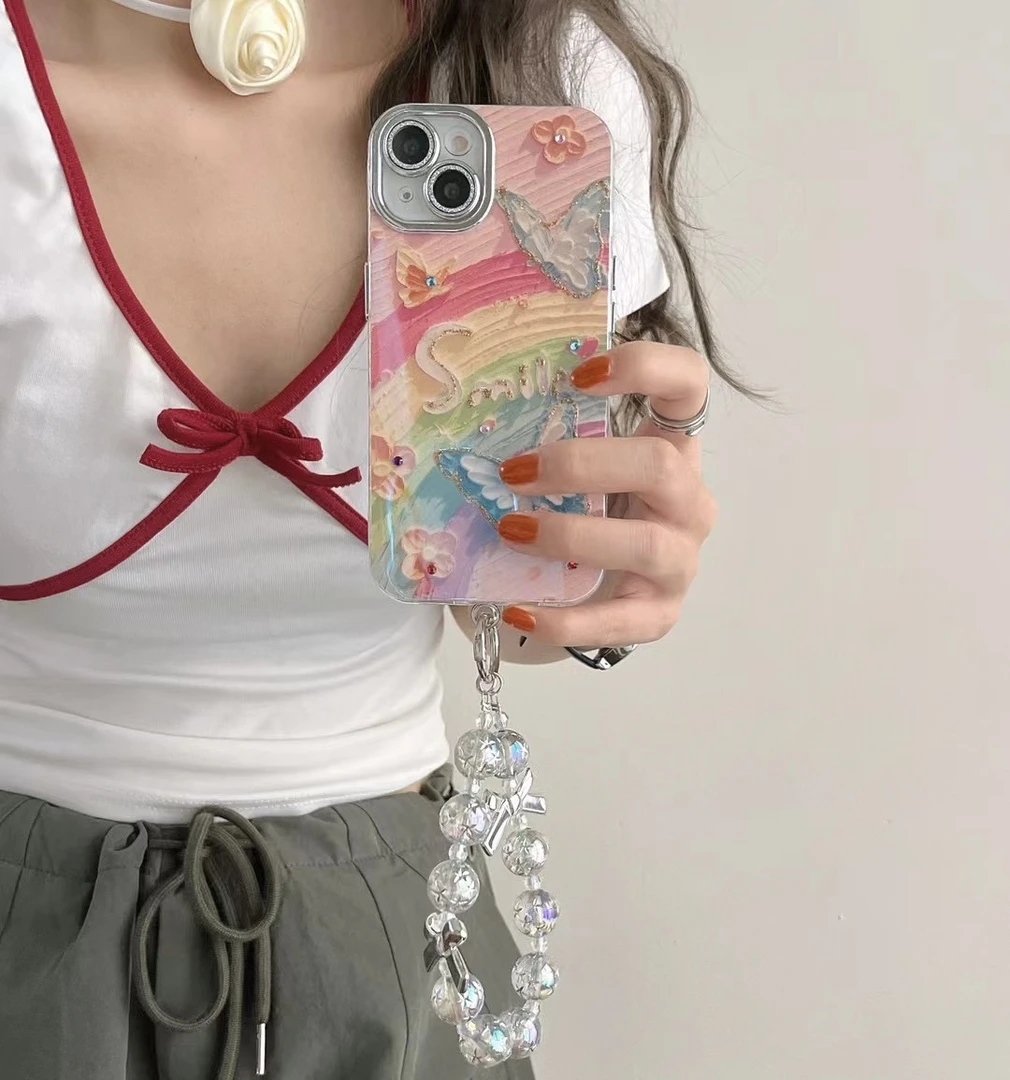 【苹果】iPhone15/14Promax防摔点钻油画彩虹蝴蝶女手链新款手机壳