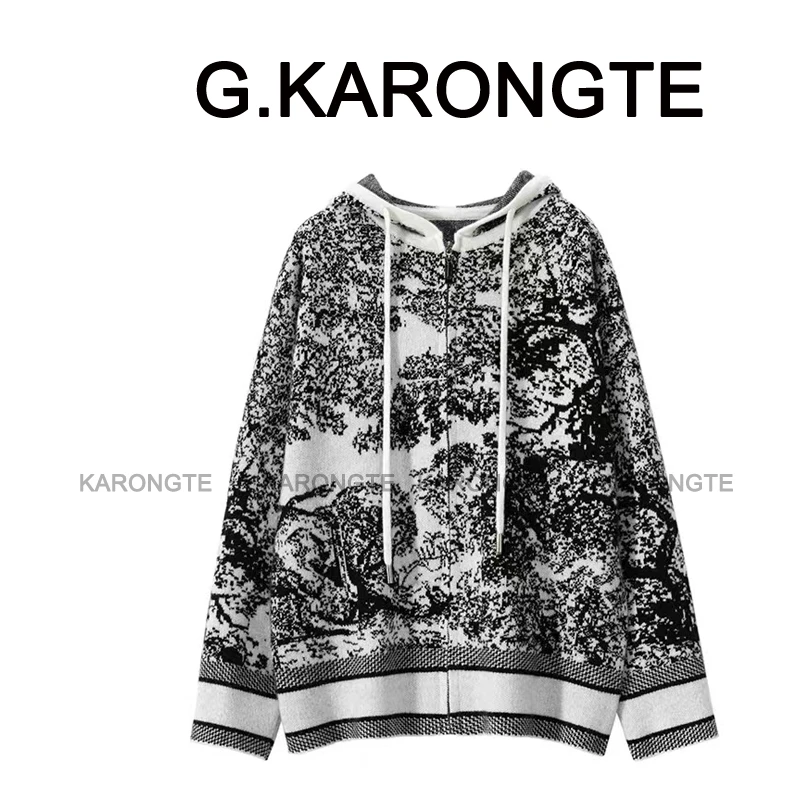 【水墨画系列】重工四平加厚芝麻点点水墨画提花连帽拉链针织外套