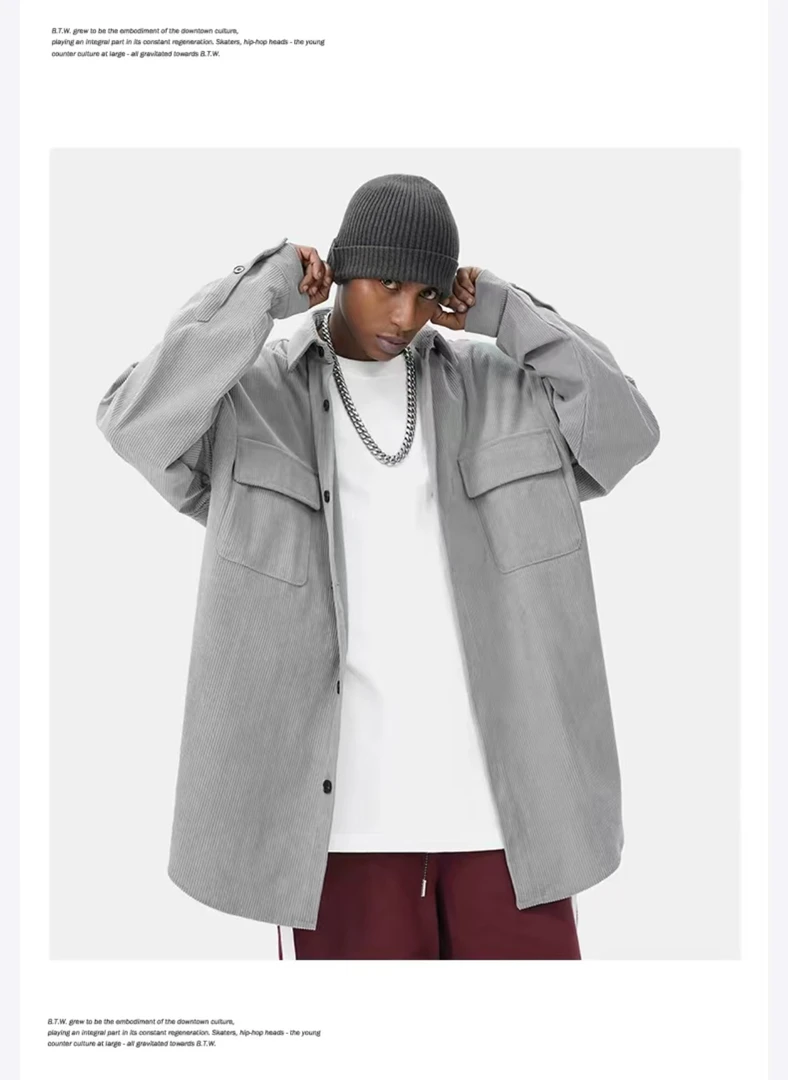 BTW 灯芯绒衬衫情侣男友风纯色单排扣秋季长袖复古休闲衬衫