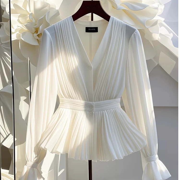 夏季气质v领长袖洋气衬衫女新款轻奢法式小众独特漂亮小衫上衣...