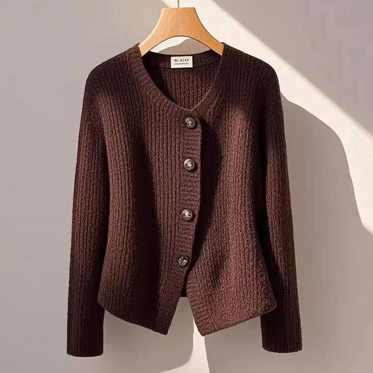 冬季欧货独特别致气质上衣洋气高端绝美高级感超好看咖色针织开衫