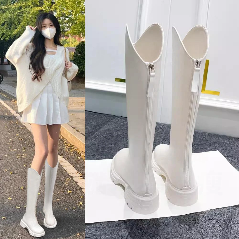 小个子厚底不过膝长筒靴女2025新款秋季靴子v口后拉链高筒骑士靴