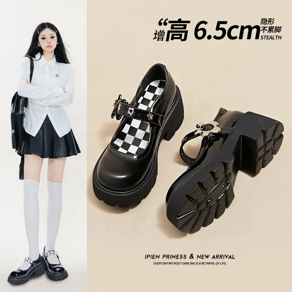 网红爆款矮个子2026韩版水钻一字扣玛丽珍女厚底单鞋时尚小皮鞋女