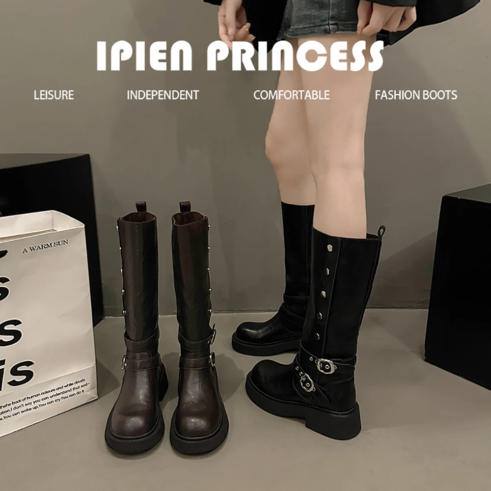 黑色英伦风骑士靴女2025年春秋季新款粗跟复古单靴不过膝高筒长靴