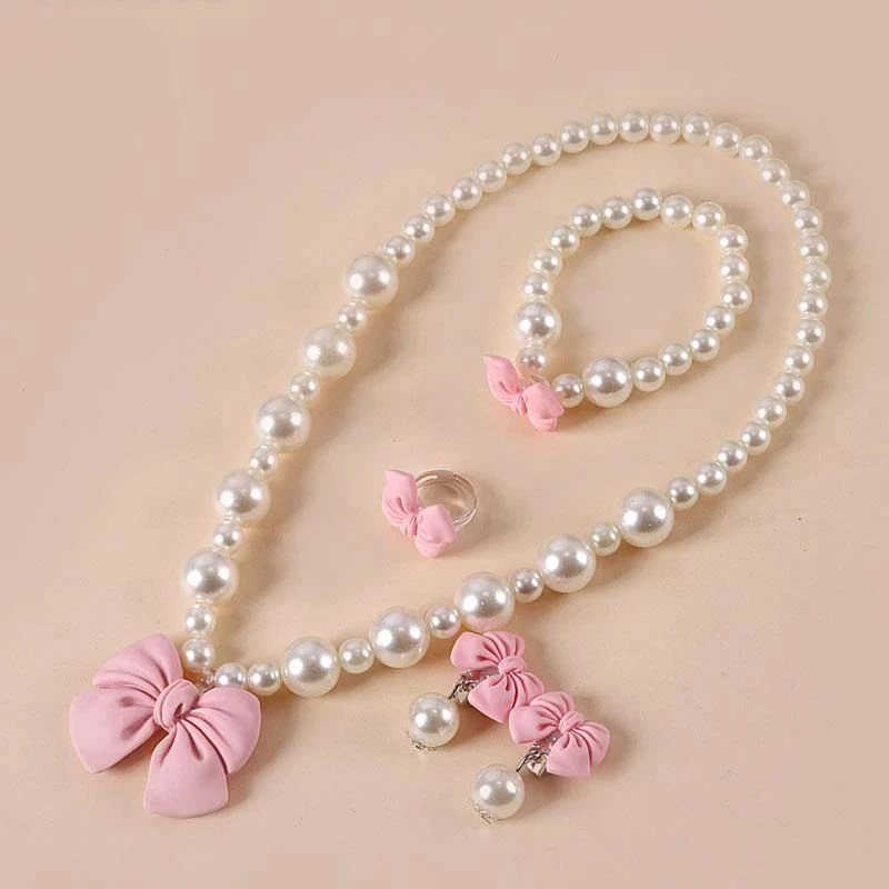 儿童女童女孩配饰可爱蝴蝶结串珠珠子项链手链戒指耳夹套装饰品