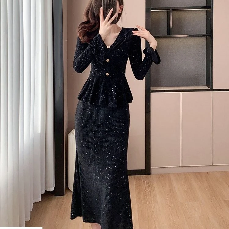2025高级时尚亮片套装气质秋冬新荷叶喇叭上衣+鱼尾两件套半身裙