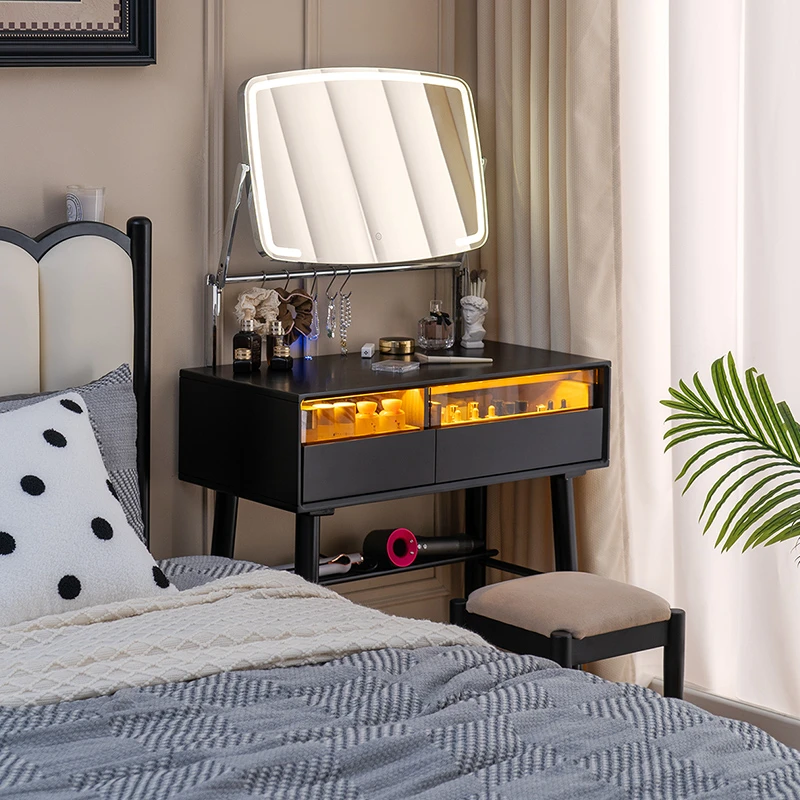 美式梳妆台卧室实木大镜子化妆桌黑色高级感小户型书桌化妆台简约