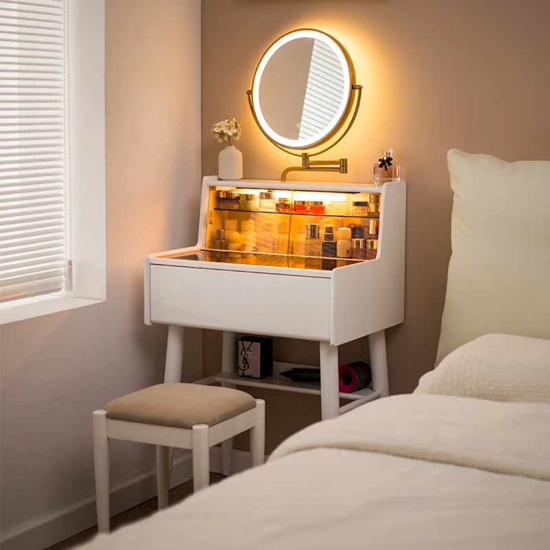 奶油风梳妆台小型卧室实木化妆台迷你小户型50公分60cm超窄桌家用