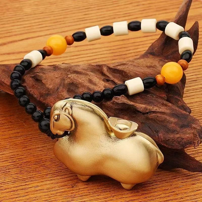 纯黄铜马上有钱手把件手中有佛把玩小件手串生肖马元宝挂件工艺品