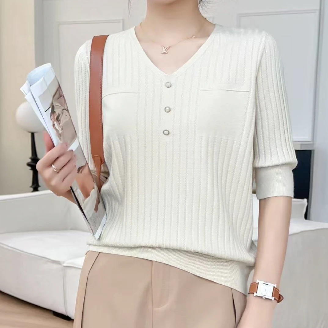 2024秋新款休闲时尚宽松舒适外穿百搭中袖针织衫
