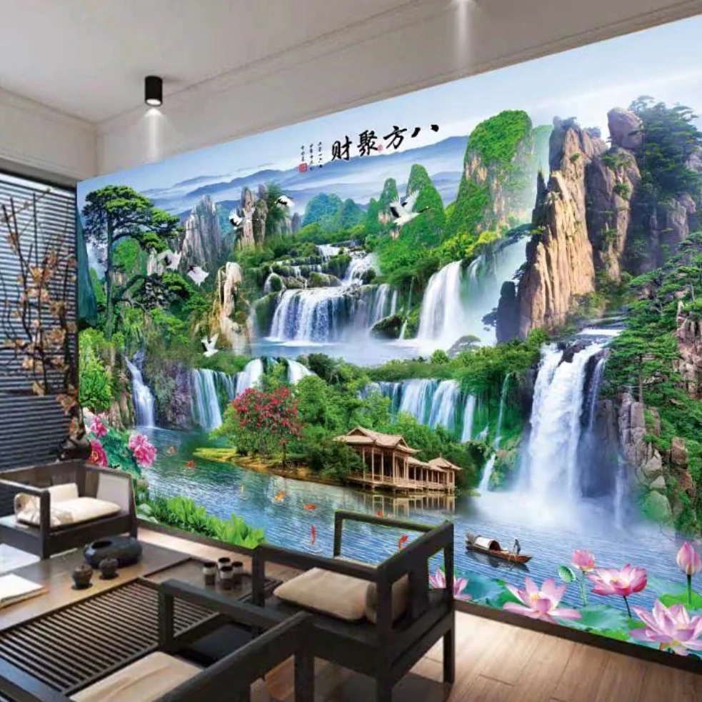 梦动3D立体墙纸客厅电视背景墙壁纸8D流水生财山水壁画迎客松墙布