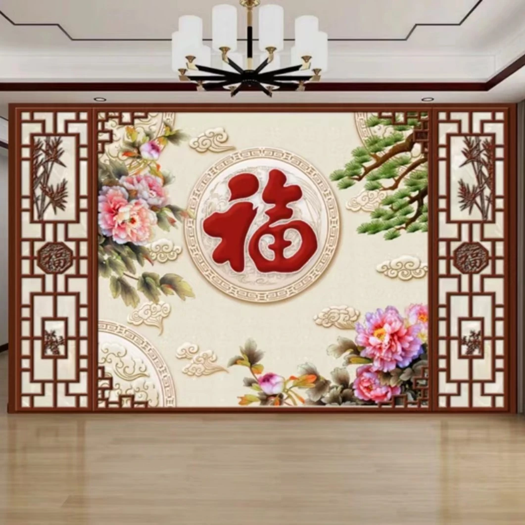 梦动新中式福临门电视背景墙壁画整张【下单1件代表1平方米数量】