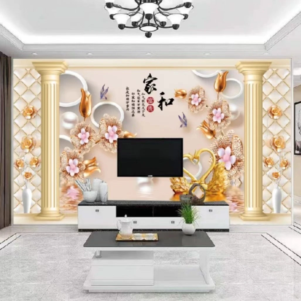 梦动自带边框罗马柱家和电视背景墙定做壁画沙发风背景定制墙纸
