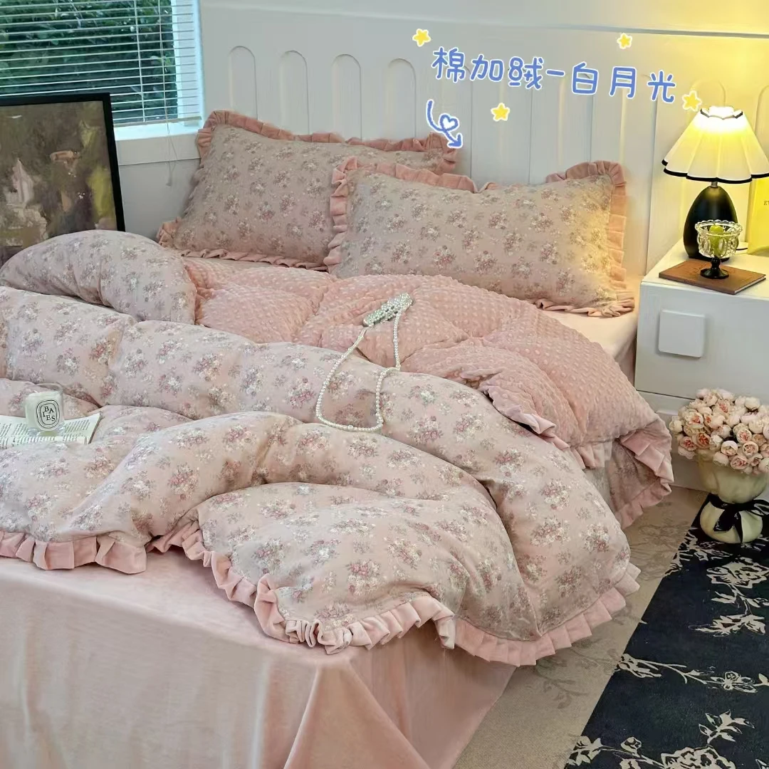 秋冬款~花边款棉加绒四件套A版全棉双层纱B版加厚婴儿豆豆绒套件